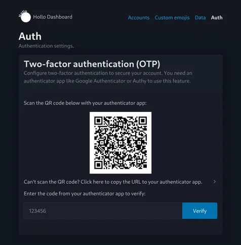 Two-factor authentication settings on the Hollo administration dashboard.