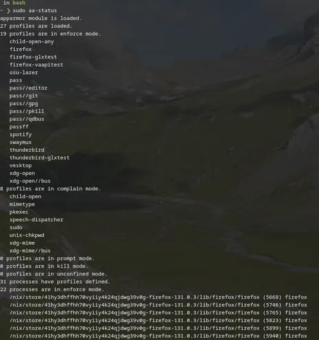 Screenshot of a terminal window showing the status of apparmor, listing multiple profiles and firefox process in enforce mode.