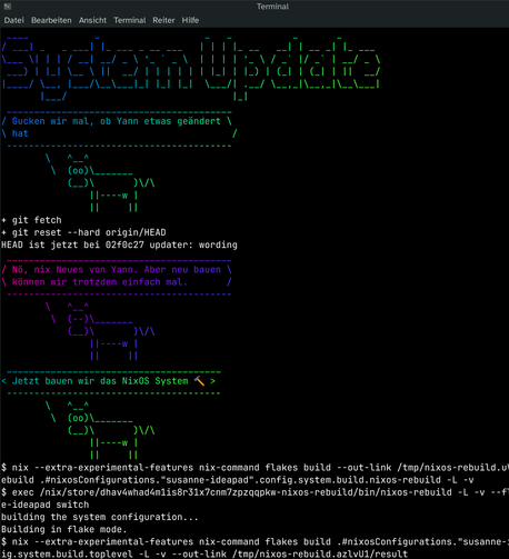 Terminal screenshot, a lot of cowsay, figlet and lolcat colorful ascii art, detailing the process of a NixOS update