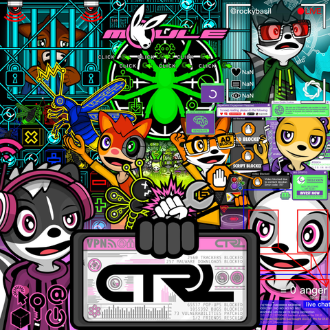 The CTRL (Cyber Threat Resistance League) album cover art. It's a very busy and colourful artwork featuring seven anthropomorphic cartoon animal characters from my creative project MOULE WORLD:

1. Melody: A skunk wearing magenta headphones and hoodie to the front left of the artwork, smiling confidently while holding a phone horizontally at the front of the artwork displaying the album's title.

2: Mei: A panda with pink hoodie to the right of the artwork, holding a wrench and punching a winged Bug. Below her is a chat box revealing dismayed bots unable to troll her.

3. Cockburn (pronounced "co-burn"), a yellow bear wearing purple hoodie and earphones, in the centre-right of the artwork, surrounded by ads and pop-ups demanding cookie placement, algorithmic engagement, investing in a cryptocurrency called "Delcoin", etc. He holds his hand up to some that are blocked.

4. Robin, a fox with yellow t-shirt wearing his Visionaria AR glasses, next to Cockburn blocking ads with his "IRL adblock".

5. Oskar, a squirrel wearing a red and yellow t-shirt, with a metallic side of his face with bionic eye, releasing Lampy, an AI firefly, into the Labyrinth, a rogue blockchain network that CTRL have been tracing Delcoin transactions to find Delgado.

6. Delgado, a bull wearing blue plaid shirt trapped behind blue bars.

7. Rocky, a photographer and urbexing raccoon with green hoodie, live-streaming himself confronting The Singularity.

(out of alt text room can't describe further, sorry)