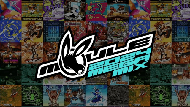 Video thumbnail for the MOULE 2024 MEGA MIX. It shows the title in an extended Y2K-style font over a repeating collage of the colourful cartoony cover arts of all my releases this year.