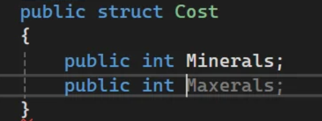 Screenshot from editor where GitHub Copilot suggests naming a variable "Maxerals" after the first one in the struct was named "Minerals"