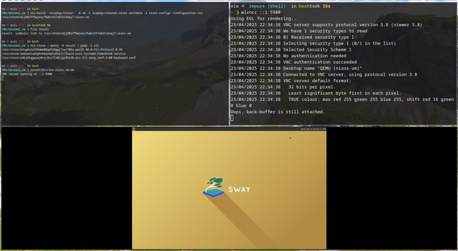 Two console windows and a sway window.
One console window is showing logs of `wlvncc`.

The other console window is showing dependencies of the VM filtered for `x11`, confirming indeed no `libx11` made it into the VM.

The sway window is the display output of that VM, showing it does indeed work.