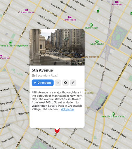 GNOME Maps showing a place info popover for 5:th Avenue in New York City.