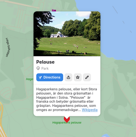 Showing Hagaparken in Solna in GNOME Maps with the icon in the button for directions having the "take an exit" pointing right.