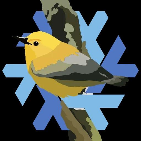 The NixOS logo is overlaid with a yellow and brown warbler on a branch.