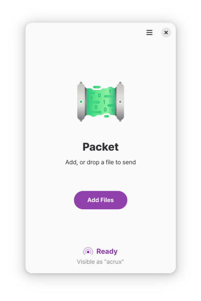 Packet 앱의 주요 화면. 중앙의 Packet 로고와 앱 이름 아래에 'Add, or drop a file to send' 글귀가 있고, 그 아래에는 'Add Files' 버튼이 있다.