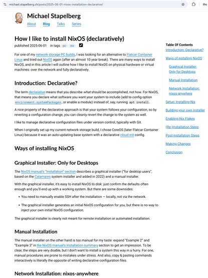 screenshot of my blog post about how I like to install NixOS