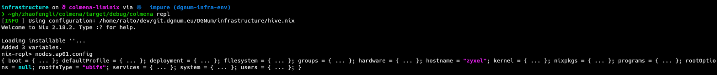 An example of a patched colmena able to evaluate a clearly embedded system from Liminix with a UBIFS root filesystem and a "zyxel" hostname.