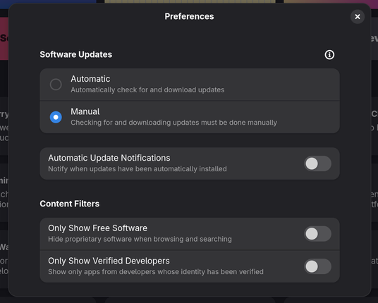Gnome software settings showing software updates being manual and notifcations turned off
