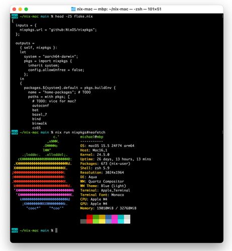 screenshot of the start of a flake.nix containing the packages I want to use, then neofetch showing which computer it’s running on