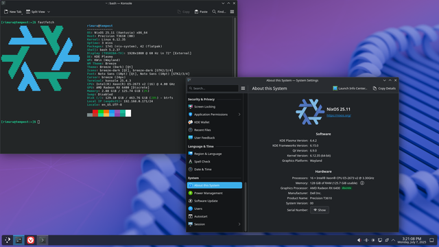 Desktop screenshot of both KDE Settings About and Fast Fetch, showing that I am using Nix OS 25.11