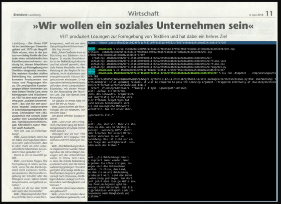 screenshot of a newspaper article and how my flake.nix can be run to run the demo code for layoutparser + tesseract