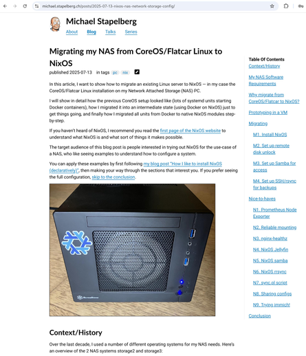 screenshot of my blog post “Migrating my NAS from CoreOS/Flatcar Linux to NixOS”