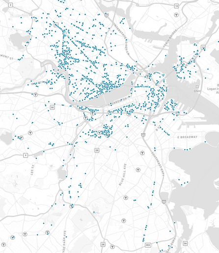 Map showing OSM bike parking nodes in Cambridge, Boston, Somerville, and Brookline. Boston South of the Pike is notably barren