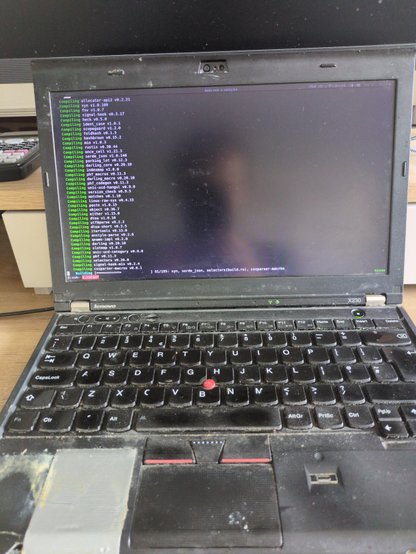 Photo of a battered, 13 year old, Thinkpad X230 compiling a Rust program (debug-tui).