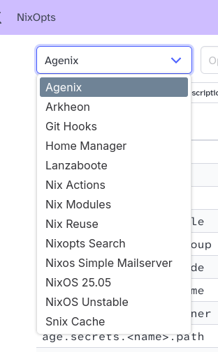 A list of modules documented via NixOpts Search, it includes:
- Agenix
- Arkheon
- Git Hooks
- Home Manager
- Lanzaboote
- Nix Actions
- Nix Modules
- Nix Reuse
- NixOpts Search
- Nixos Simple Mailserver
- NixOS 25.05
- NixOS Unstable
- Snix Cache