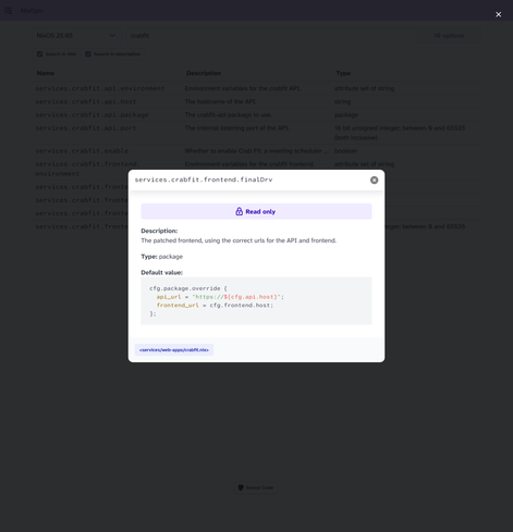 Detail of the `services.crabfit.frontend.finalDrv` option in NixOS 25.05, with its description, type and default value.
It is marked as read only and gives a link to the file where it is defined `services/web-apps/crabfit.nix`