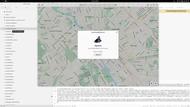 Screenshot showing GNOME Maps showing the OpenStreetMap account setup dialog utilizing the user's custom avatar image.