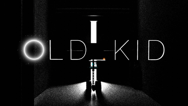 The thumbnail of the 3d animated music video to the song Old Kid by Calvin Lennig. It shows a robot standing in front of a half opened door. Light is leaking through the crack..