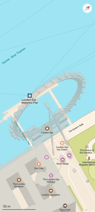 CoMaps screenshot.
A city map centered on the 3D model of a Ferris wheel.