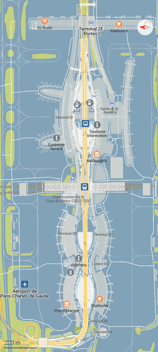 CoMaps screenshot.
A map of airport terminals spreading out like birds' wings on a blue colored background.