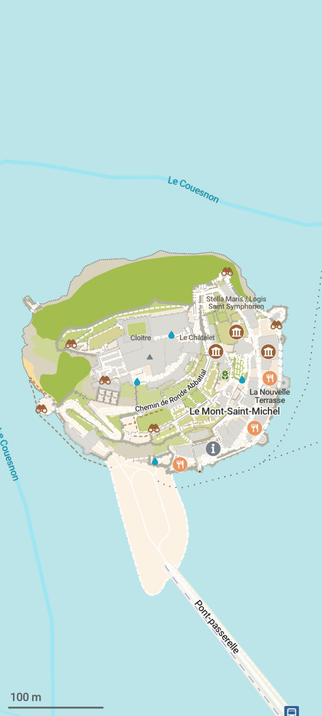 CoMaps screenshot.
A map of Mont-Saint-Michel placed on its sky-blue colored bay. A roughly circular hill surrounded by ramparts to the south and its abbey in the centre.