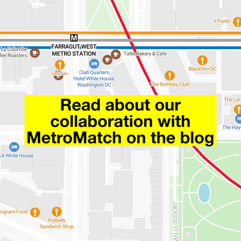 A zoomed-in map of some subway stations and nearby points-of-interest, with the text overlaid: "Read about our collaboration with MetroMatch on the blog"
