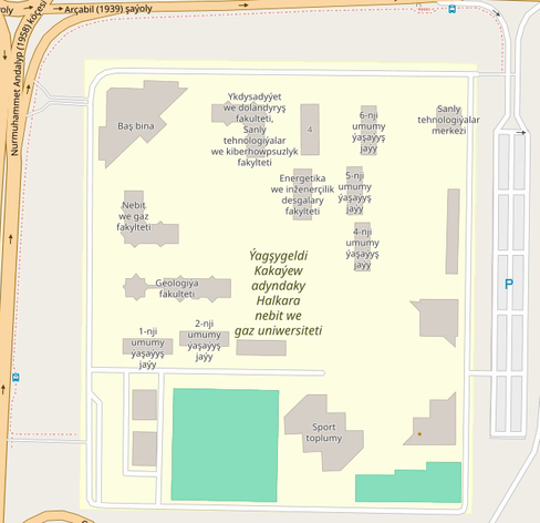 GIF animé d'une carte OpenStreetMap. Université Internationale du Pétrole et du Gaz à Ashgabat, au Turkménistan.

Première image : les bâtiments sont présents, il y a quelques routes mais aucune dans l'enceinte de l'école.

Deuxième image : les bâtiments sont redessinées, toutes les routes sont présentes, les terrains de sport sont bien distinguable, les zones d'herbes apparaissent avec les arbres, une œuvre d'art fait sont apparition au sud-est, et la barrière de l'enceinte de l'école est présente.
