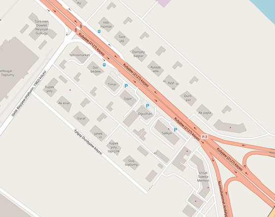 GIF animé d'une carte OpenStreetMap de Achgabat, au Turkménistan, le long de la route passant devant de nombreux commerce au nord de la ville.

Première image : la route centrale et les routes secondaires sont présentes avec le nom des rues, ainsi que les bâtiments avec le nom des magasins.

Deuxième image : les bâtiments et routes sont redessinés, les zones de parking, les zone d'herbe, les arbres (et zone d'arbre au nord avec quelque lignes électriques), les barrières et portails, ainsi que les chemins piétons apparaissent !